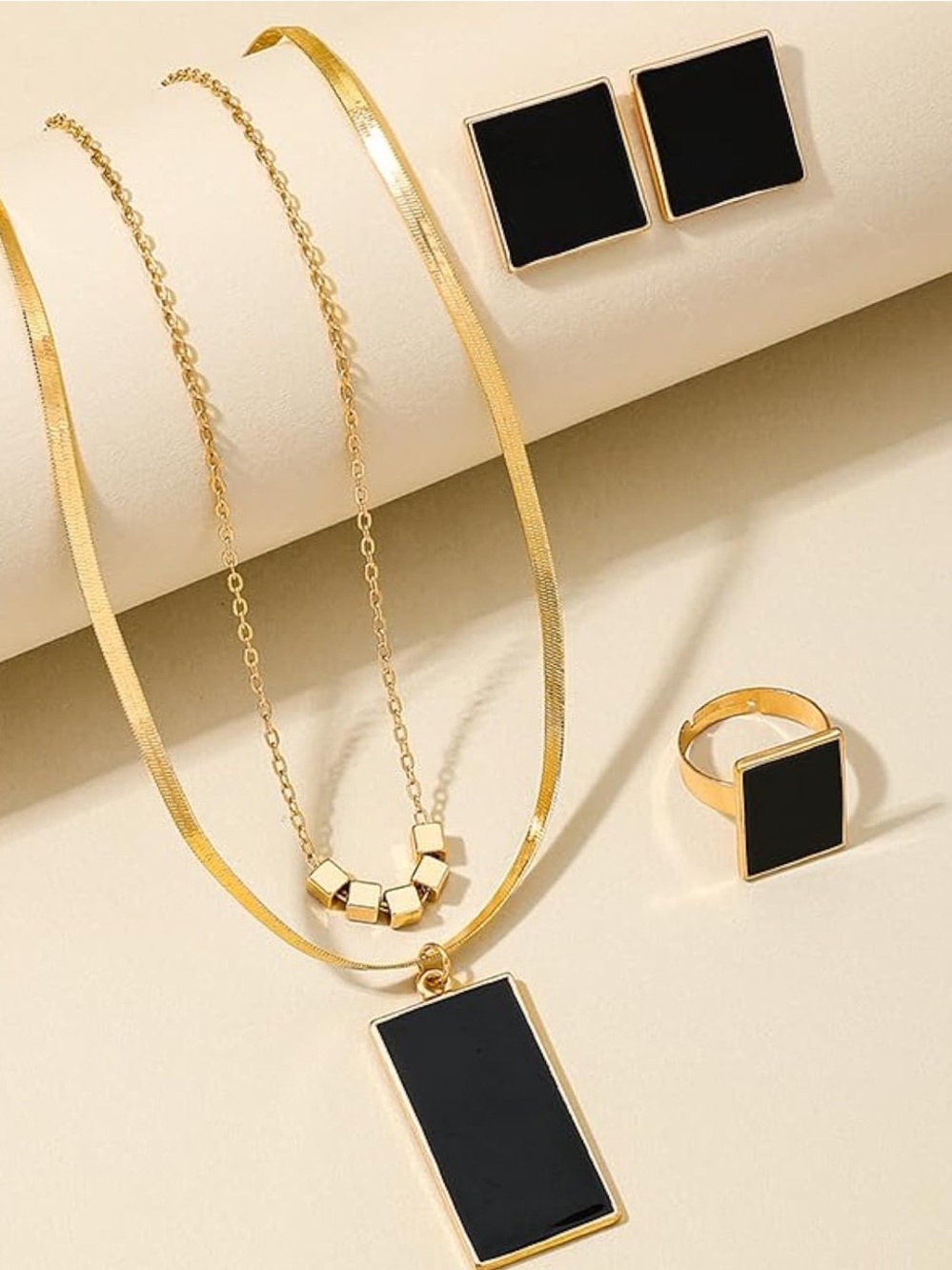 Black Geometric Jewelry Set Necklace Earrings Ring | Gold Tone